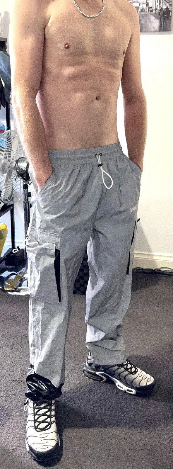 SECRET SNEAKER REFLECTIVE SILKY SHINY NYLON UNLINED TRACKIES CARGO PANTS - XL
