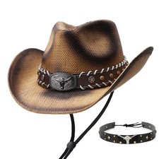 Cowboy Cowgirl Hats for Men Women 2 Pack Hatbands Straw Hat Wide Brim Breatha...
