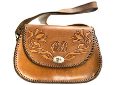 Vtg. Woman Tooled Leather Purse Shoulder Handbag Brown Zip Pocket Boho Western
