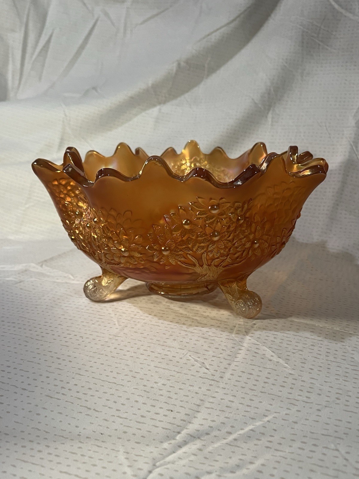 Vintage Fenton Carnival Glass Orange Tree Scalloped Footed Bowl 5.25