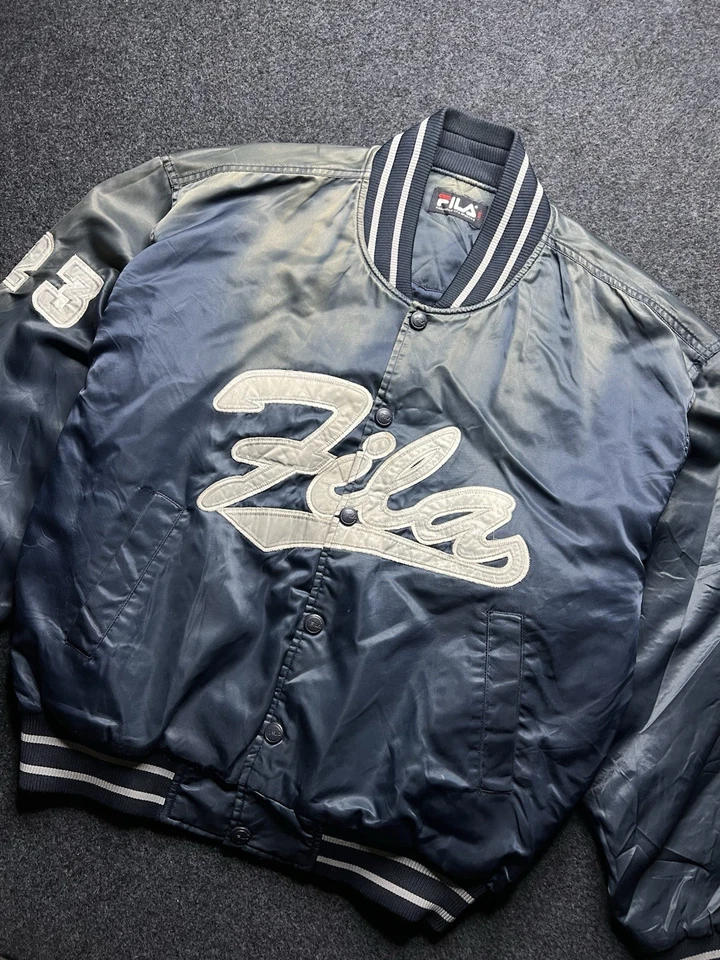 90s VTG FILA Big logo satin bomber jacket vintage faded rare men size 105 L - Image 2 of 4