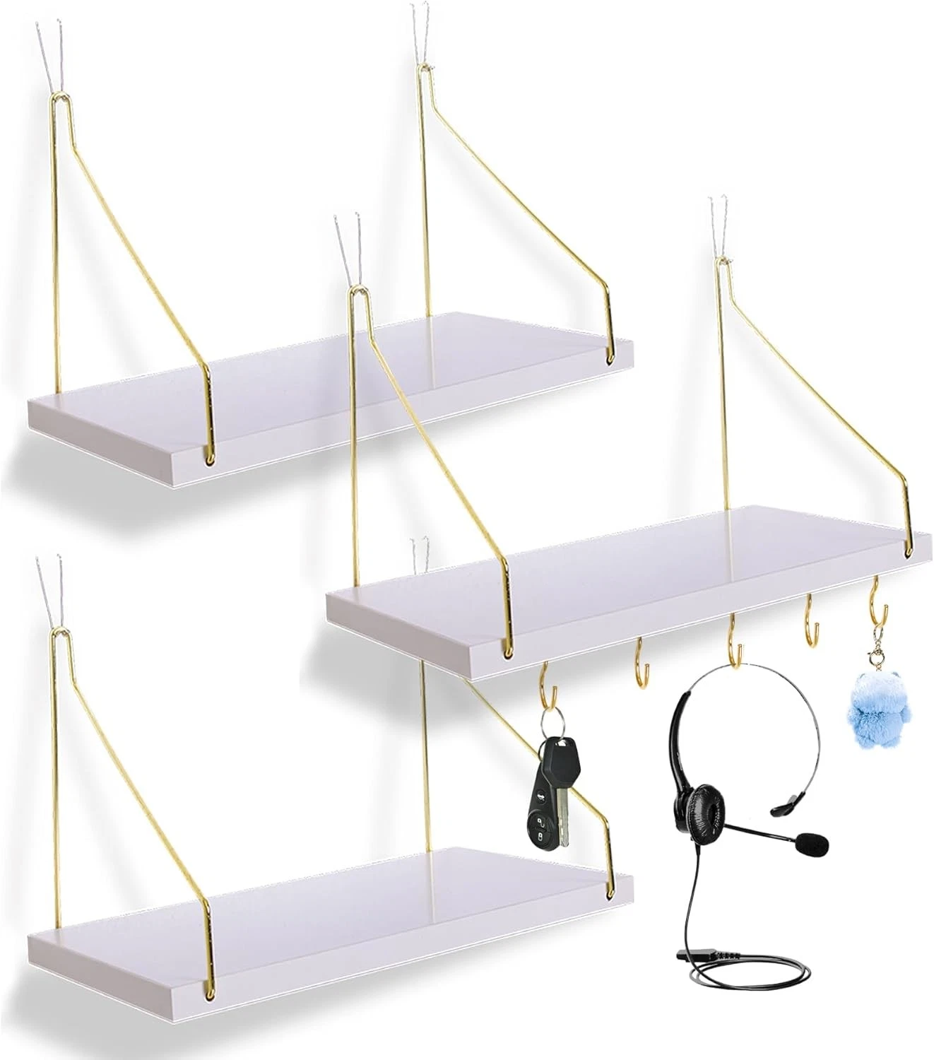 3-Pack Cubicle Shelf For Fabric Walls W/ Hooks：12x6.0in White Wooden Cubicle