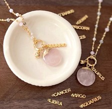Gold Zodiac Charm Necklace Astrology Necklace Zodiac Necklace with Rose Quartz