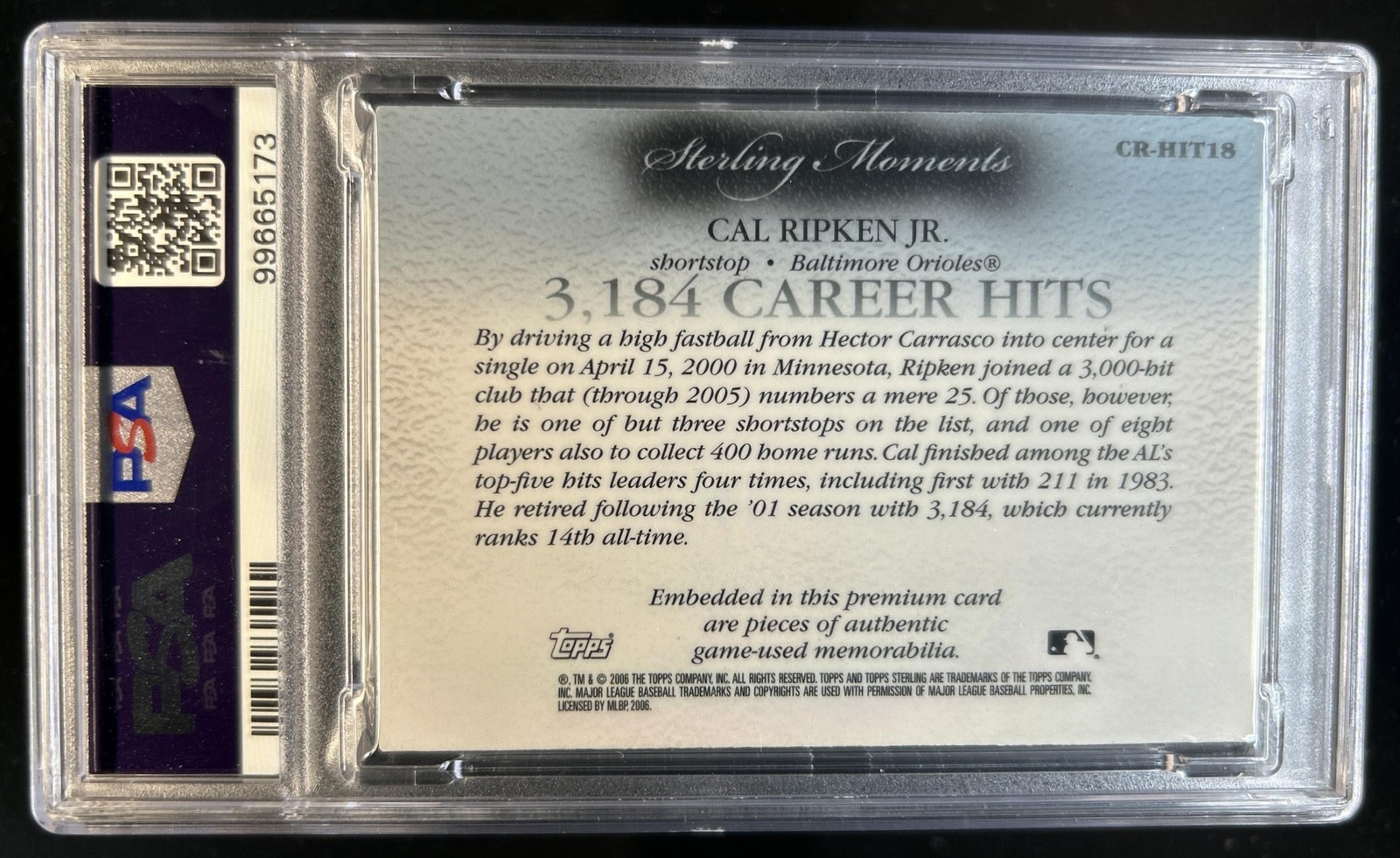 2006 Topps Sterling Cal Ripken Jr. 2900 Moments Jersey Bat #/10 Orioles PSA 8 view 2