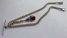 Antique solid silver double pocket watch albert chain w/ silver & amber fob