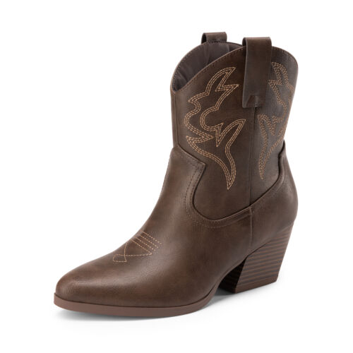 Women Cowboy Cowgirl Boots Western Boots Low Chunky Heel Pointed Toe Booties - Picture 9 of 32