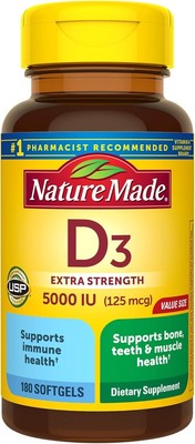Nature Made Extra Strength Vitamin D3 5000 IU (125 mcg), 180 Softgels
