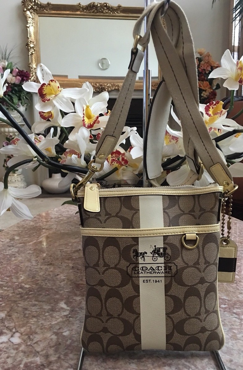 COACH ボディバッグ ブラック/ベージュ ストライプ Authentic Coach Heritage Stripe Cross-body Bag Purse 40924 EUC