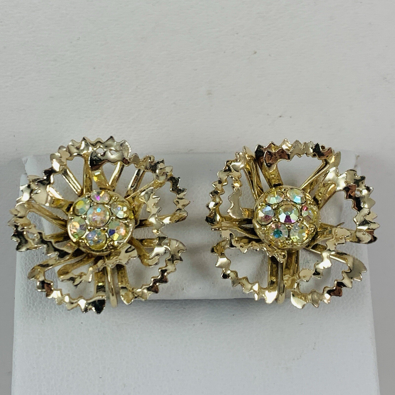 Vintage SARAH COVENTRY Signed AB Rhinestone Flower Gold Tone Clip on Earrings