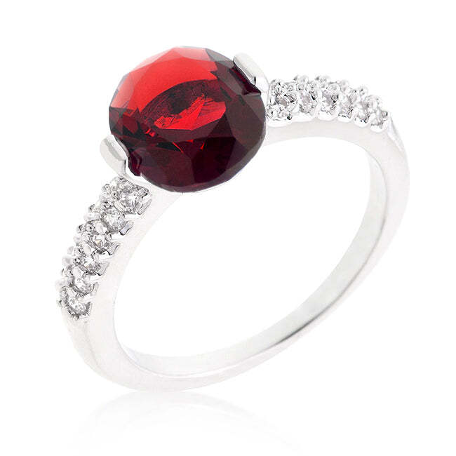 Red Oval Cubic Zirconia Engagement Ring Rhodium Plated
