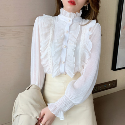 Elegant Long Sleeve Chiffon Shirt Ruffle Lace Women Blouse