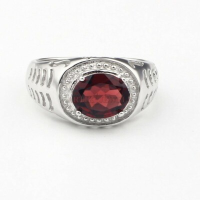 Natural Garnet Gemstone with 14K White Gold Plated Silver Ring for Men's AJ785