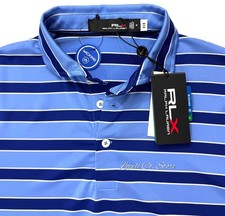 Ralph Lauren RLX Harbor Blue White Stripe Polo Shirt Performance Golf Medium