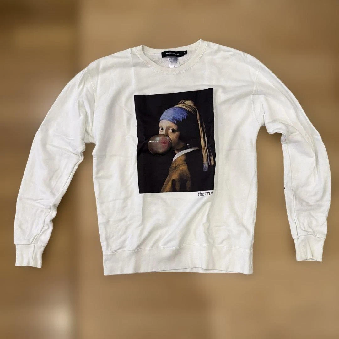 JACKROSE Art Print Sweatshirt L Size White Men's Fashion Top - product detail image 1