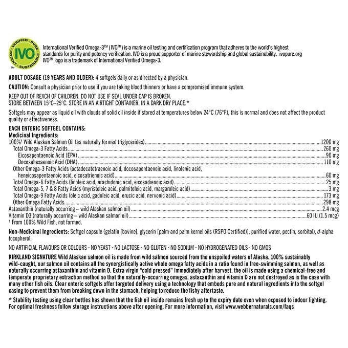 Aceite de salmón Kirkland Signature 100 % salvaje de Alaska 90 EPA 110 DHA 1200 mg - 320 Foto 2 de 4