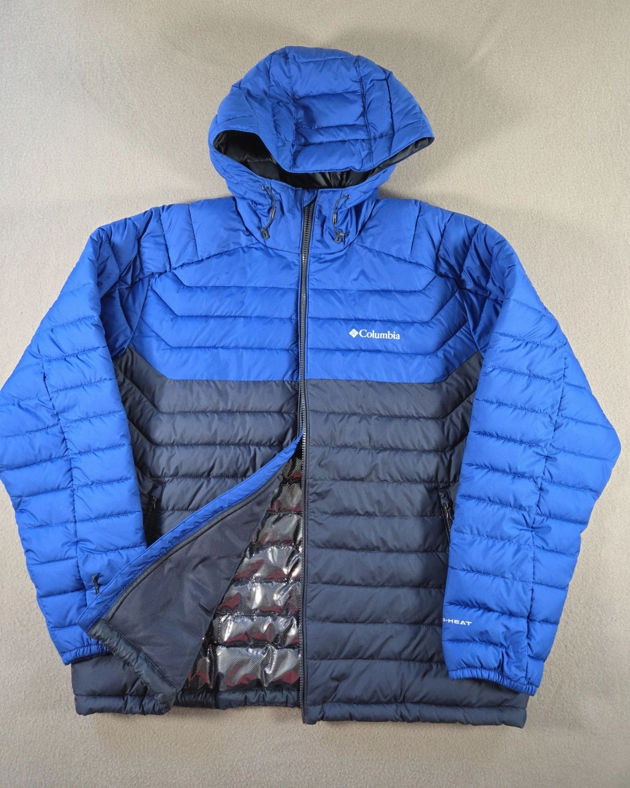 Columbia Jacket Mens XL Blue Puffer Omni Heat Out II Insulated Hooded Full Zip