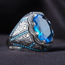 Retro Handmade Turkish Rings for Men Vintage Metal Silver Color Inlaid Blue Zirc