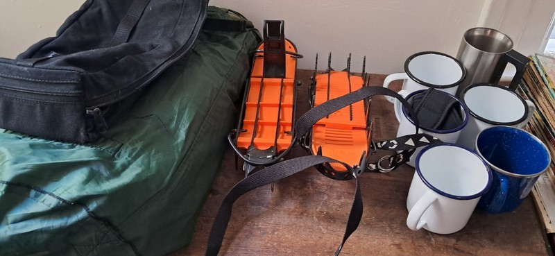 Vintage Camping Lot: Lowe Alpine Crampons, Military Camouflage Cover Enamel Mugs
