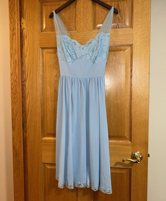 Vtg Vanity Fair Women s Slip Size 38 Blue Nylon Sheer Lace Solid
