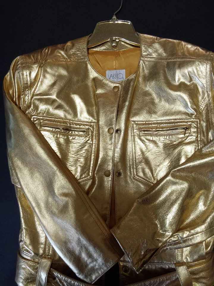 CHAQUETA MUJER LLAMA CUERO DORADO VINTAGE - Vakko TALLA 10 MUY RARA EE. UU. N.Y Foto 2 de 4