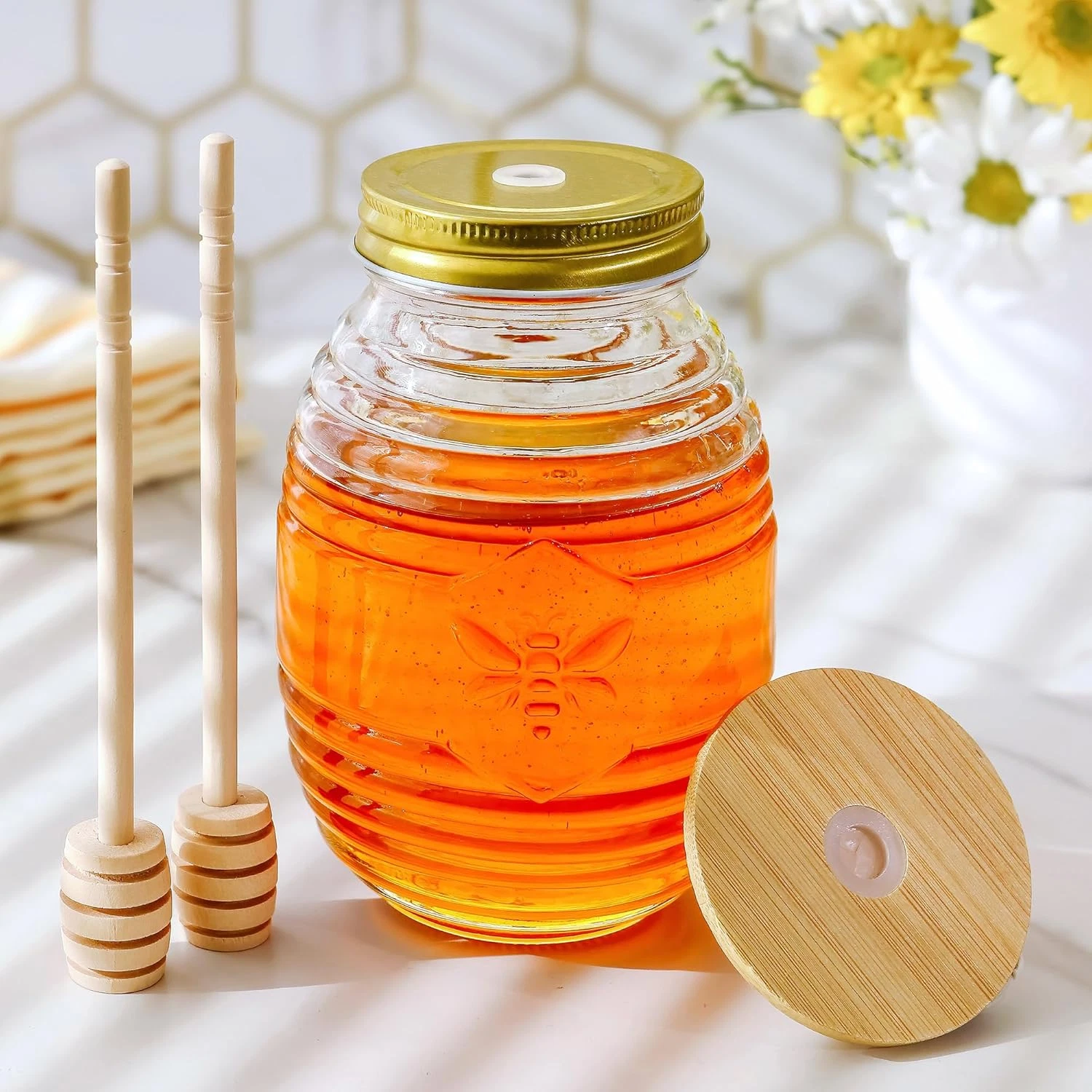 24Oz. Bee Hive Shaped Honey Glass Mason Jar with Two Wooden Honey Dippers, Bambo