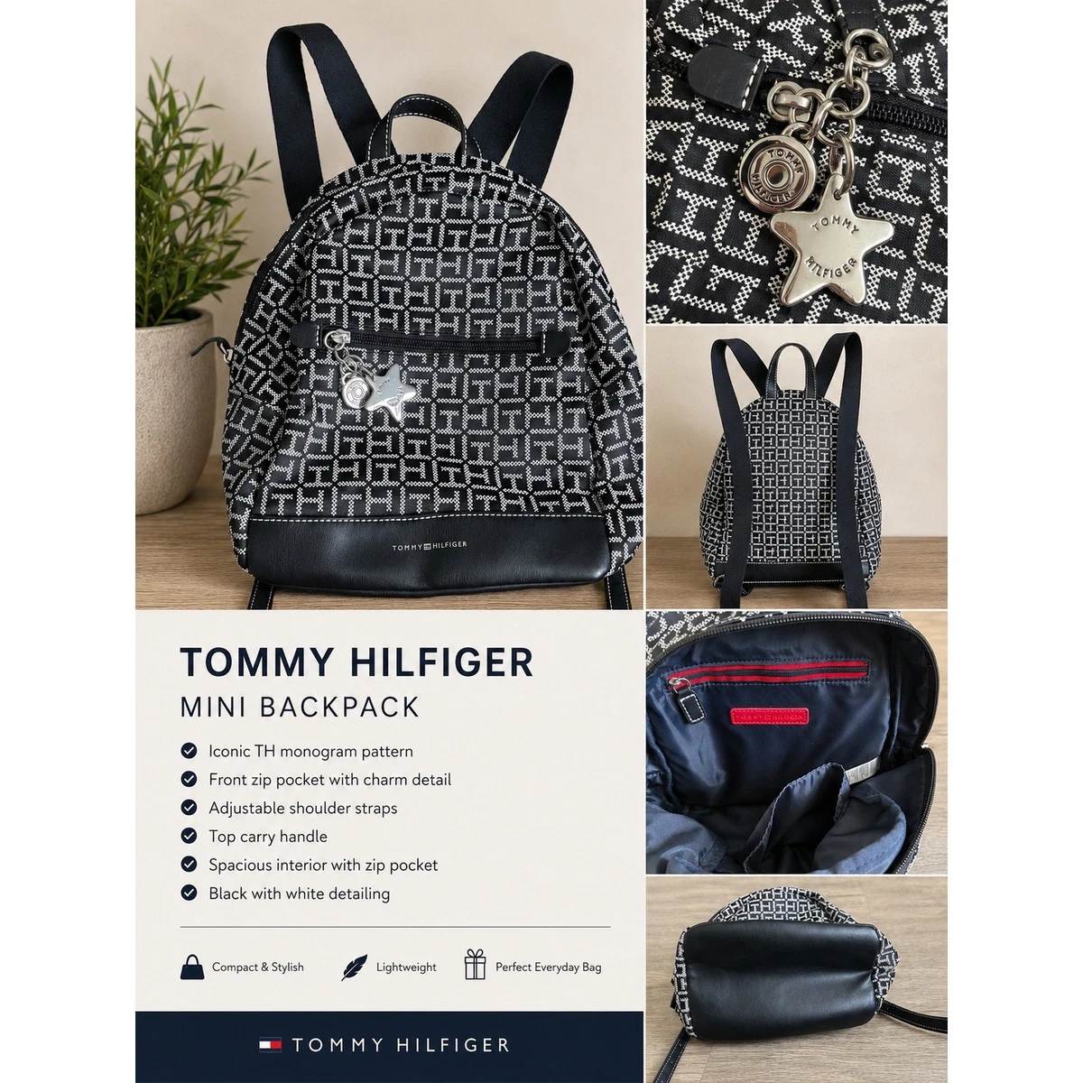 Vintage 1990s Black Mini Backpack Purse | Faux Leather Trim 90s Tommy Hilfiger Tommy Hilfiger Backpack Purse Brown Canvas | Mercari main image 3