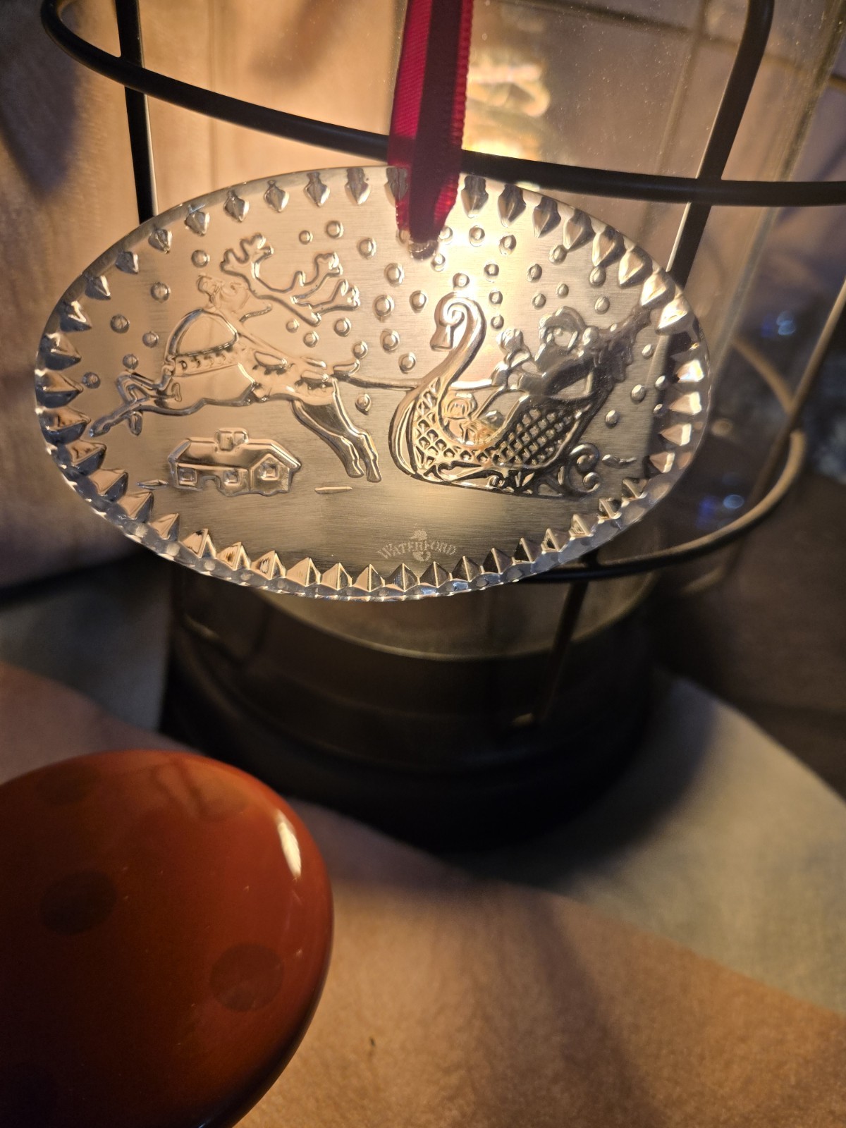 Waterford Crystal Christmas Ornament – Santa & Reindeer Oval Etched Design 2011