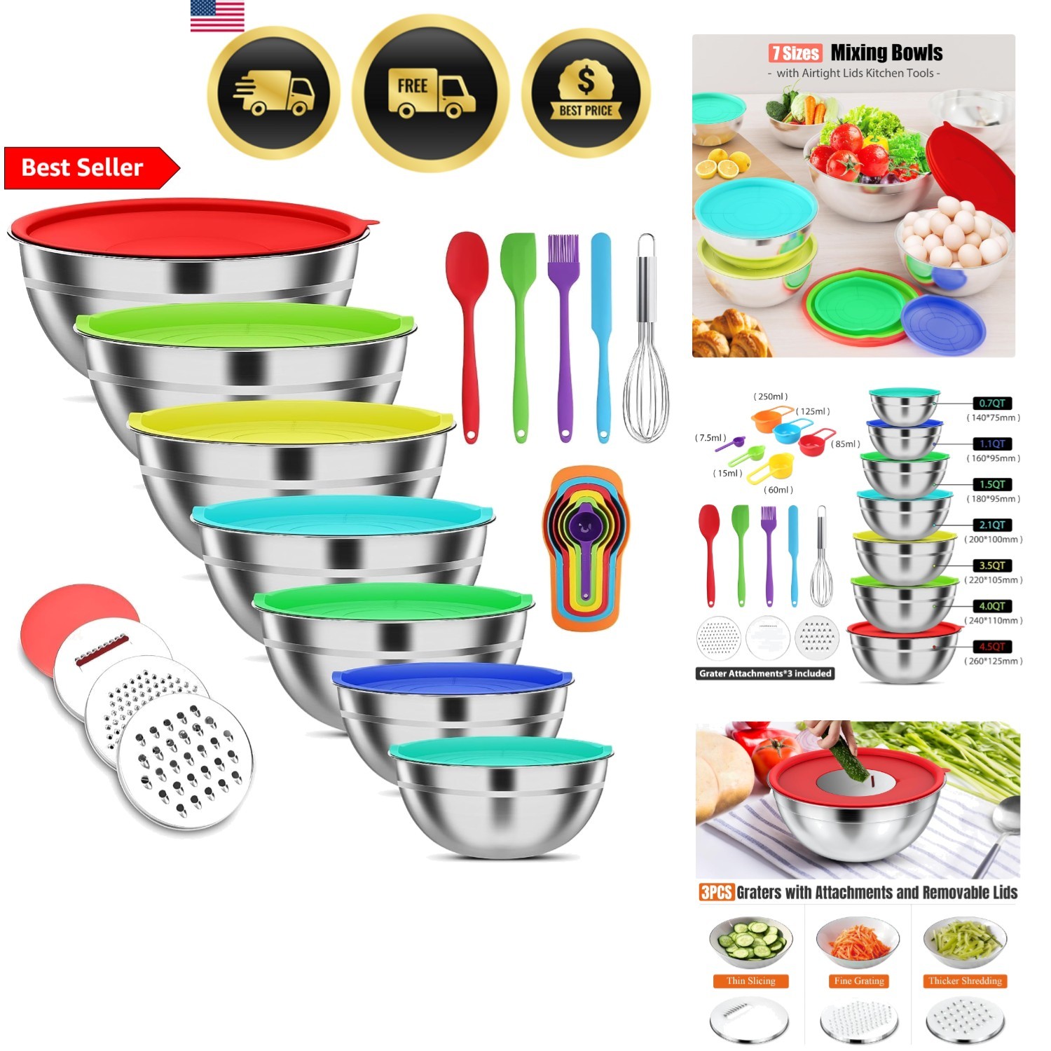 7-Piece Stainless Steel Mixing Bowls with Lids
