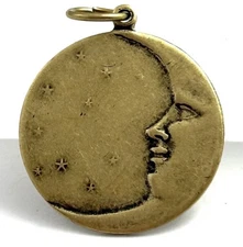 Moon Charm Pendant Antiqued Brass Metal Crescent Moon Face Stars Celestial