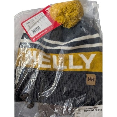 NEW Helly Hansen Ridgeline Beanie Navy Yellow White Pom Pom Hat (MSRP $35)
