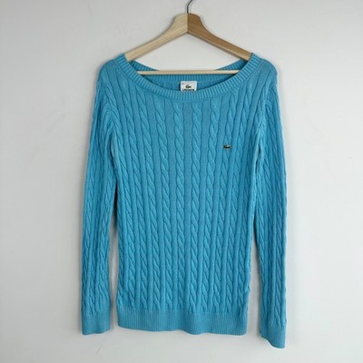 Lacoste Damen Pullover blau Zopfmuster XL Größe 42 Kroko Logo Baumwolle Pulli