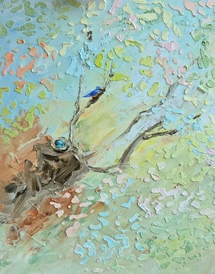 Vogel Abstrakt Ölbild 24x30 cm Landschaft Nest Original Gemälde auf Malkarton - Bild 1 von 4
