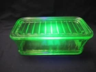 Anchor Hocking Green Depression Uranium Glow Glass Ribbed Refrigerator Dish &Lid
