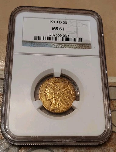 1910-D $5 Pre 33 Gold Indian Head Half Eagle Graded NGC MS61 - Better Date 193k