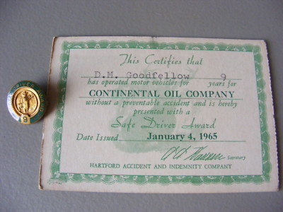 Vintage  1965 Continental Oil Company Conoco Safe Driver Certificate With Pin