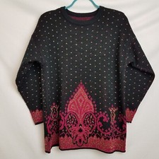 1980's Black Gold Metallic Thread Medallion Paisley Tunic Sweater BEV GOLDBERG M