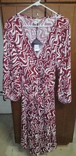 Ava & Viv Plus Women's Size 1X Burgundy Swirl Balloon Sleeve Midi Belted Dress