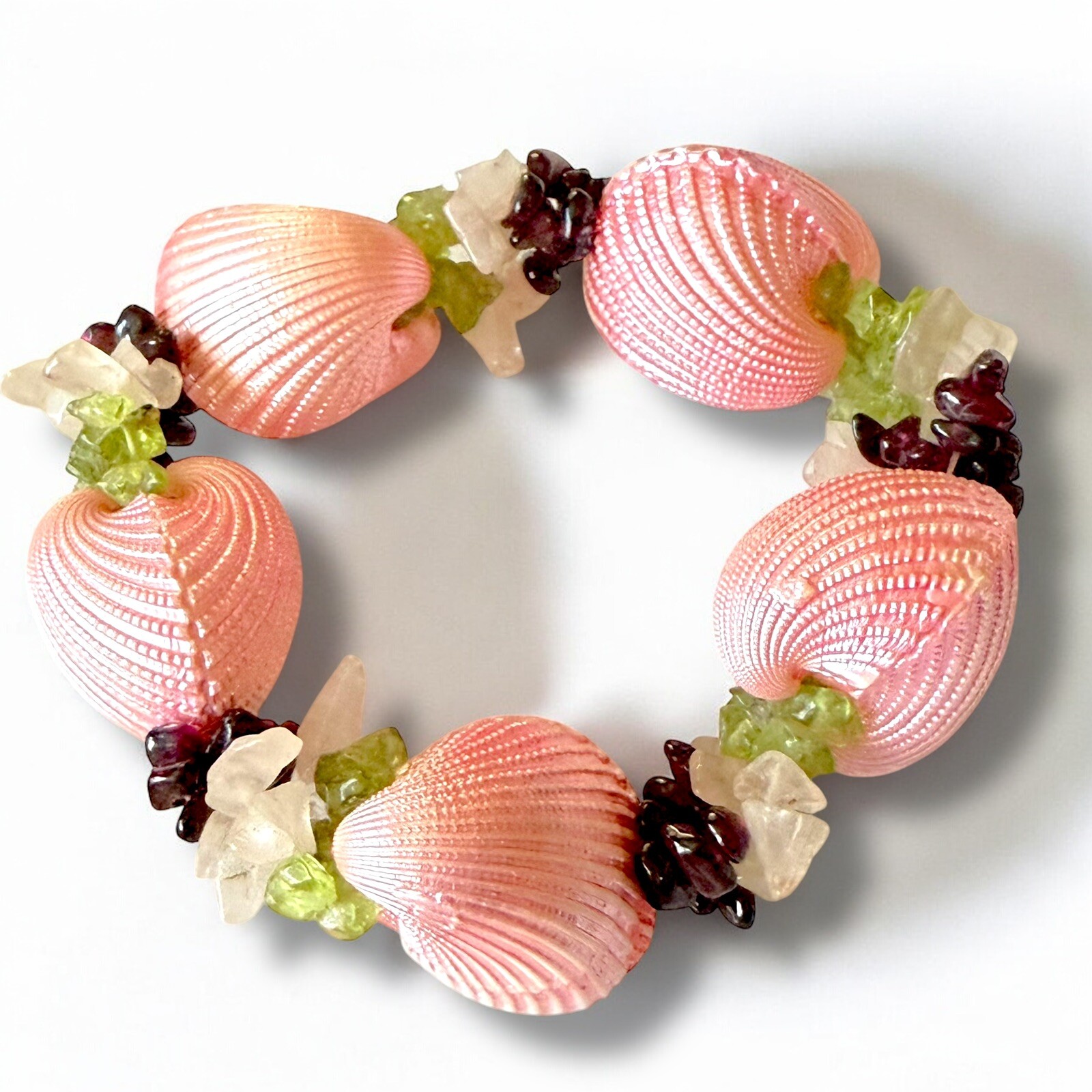 Chunky Shell Beaded Bracelet Stone Crystal Stretc… - image 3