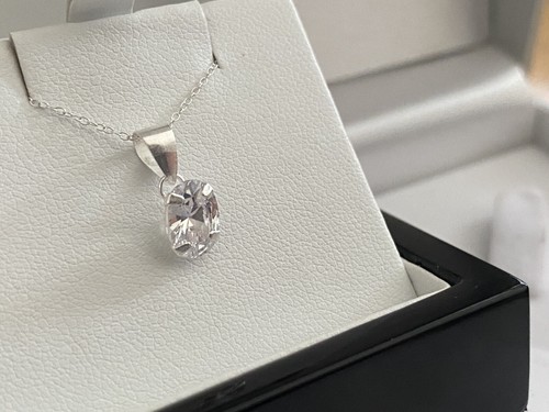 White gold finish solitaire and Oval cut created diamond pendant necklace Gift - Picture 4 of 5