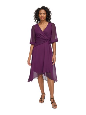 DKNY Womens Purple Lined Knotted Crossover Hem Balloon Sleeve Midi Dress 2