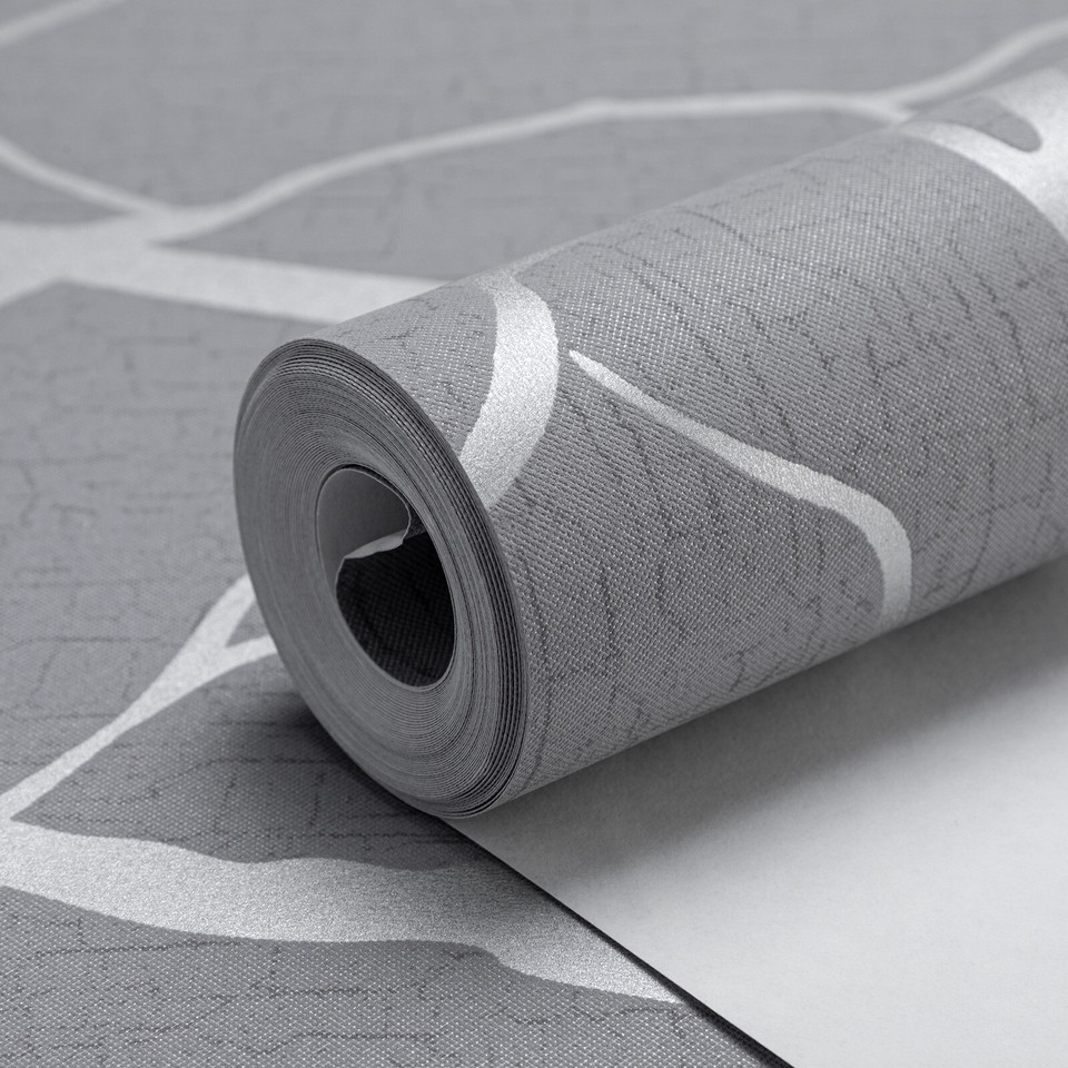 Modern Embossed Silver Tree Branches Grey/Coffee Wallpaper Flock