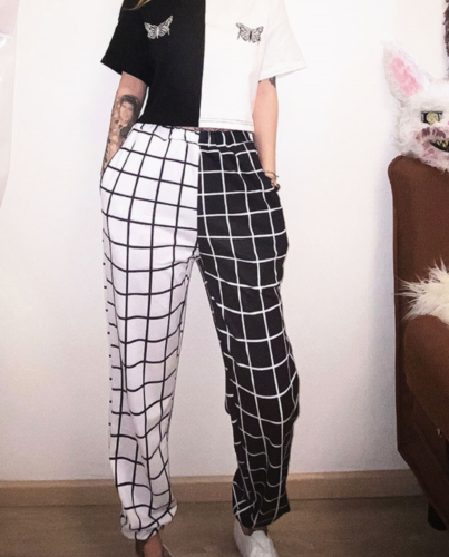 Womens Checkered Goth Half Black & Half White Pants Check Plaid Gothic Trousers - Afbeelding 1 van 12