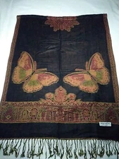 Pashmina Scarf Shawl Wrap Black & Red & Orange Butterflys India Style 28"x 70" 