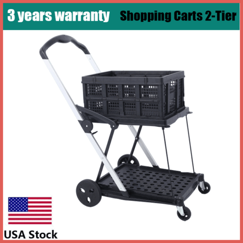 Collapsible 2-Tier Utility Cart Multi Use Shopping Organizer with Baskets Black - Picture 2 of 12