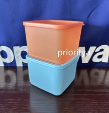 Tupperware Basic Bright Square 4 Cup Container Set of 2 Blue & Apricot New