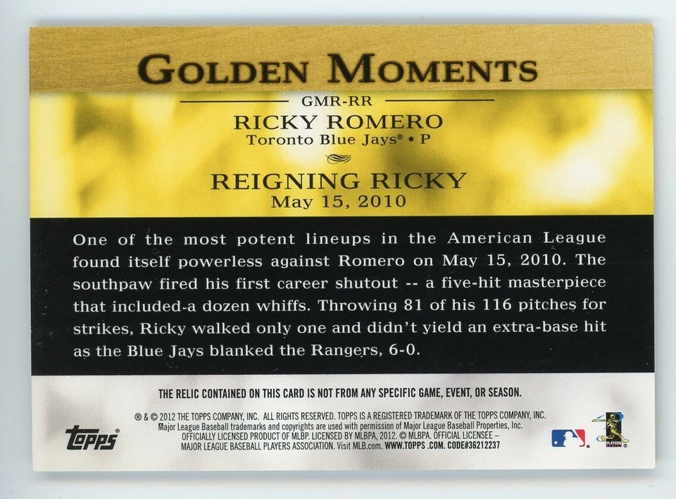 Ricky Romero 2012 Topps Series 2 Baseball Golden Moments GU Jersey Relic #GMR-RR - Image 2 of 2