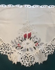Christmas Table Runner Floral Poinsettia Candles Embroidered Cutwork Scalloped