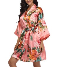 Floral Silk Robes for Women Kimono Satin Bath Robe Bridal Dressing Gown Bride...