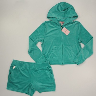 Juicy Couture Women's Velour Track Set Size XL Teal Hoodie Shorts