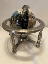 8” Tall Black  Ocean Table Top Gemstone World Globe Nickel Tone Base Compass.